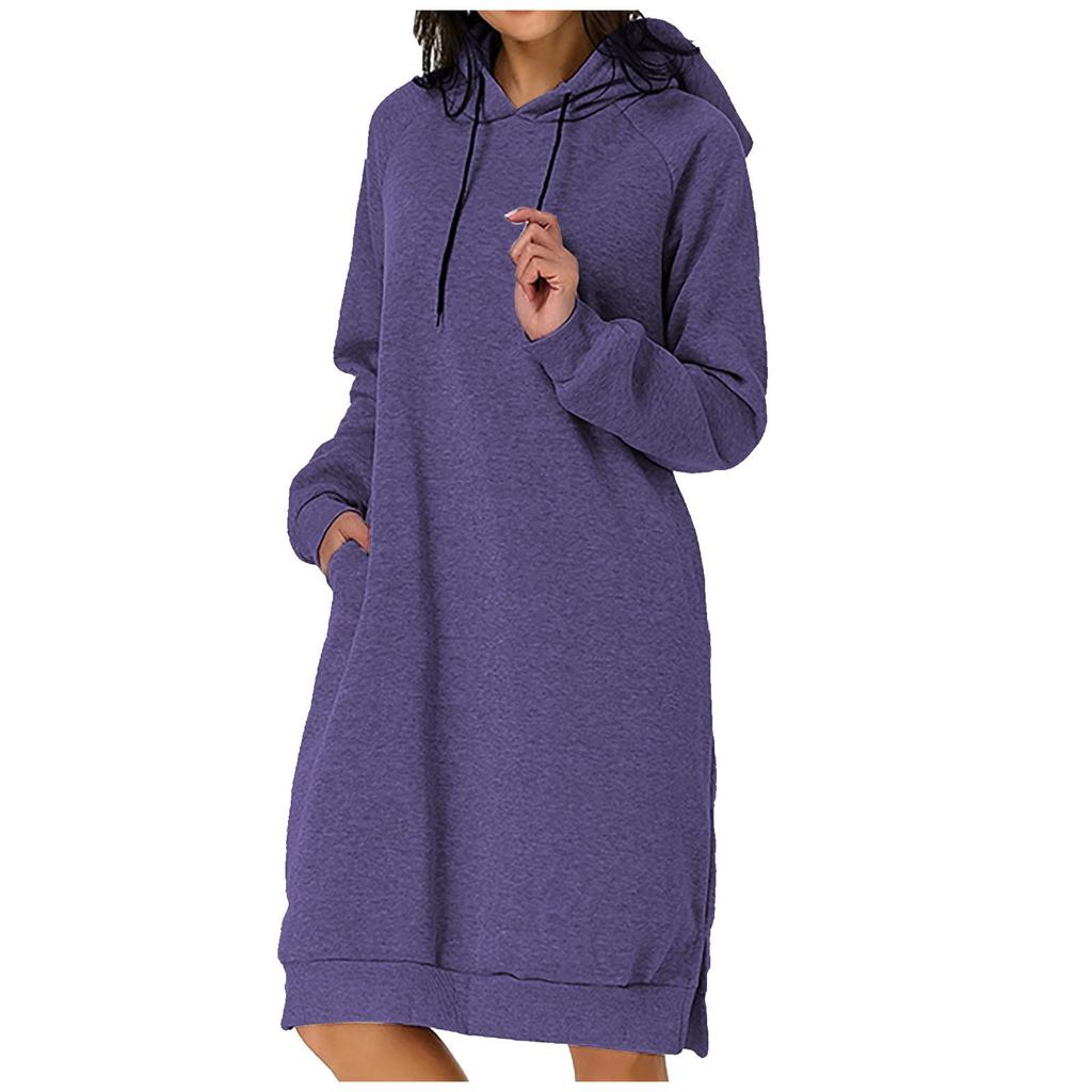 Women Fashion Casual Long Sleeve Solid Color Pockets Hat Loose Sweater Tops