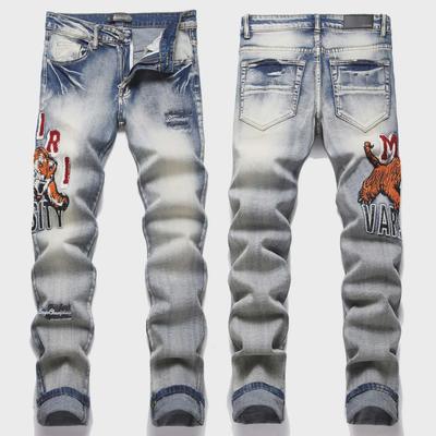 Retro Blue Tiger Embroidered Slim-Fit Men's Jeans