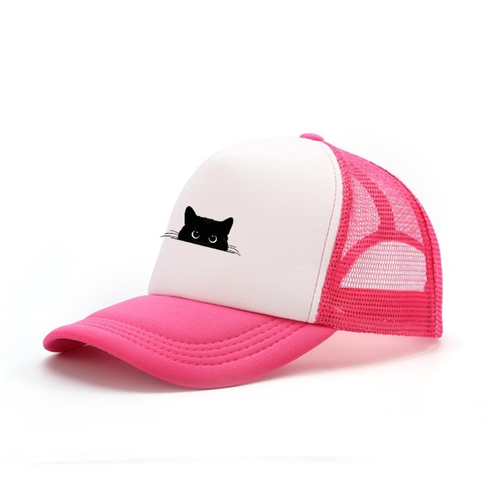 Schattige kattenprint verstelbare honkbalpet voor mannen en vrouwen, casual kleding voor buitenreizen, zonwerende eendenbekpet rozerode kleur