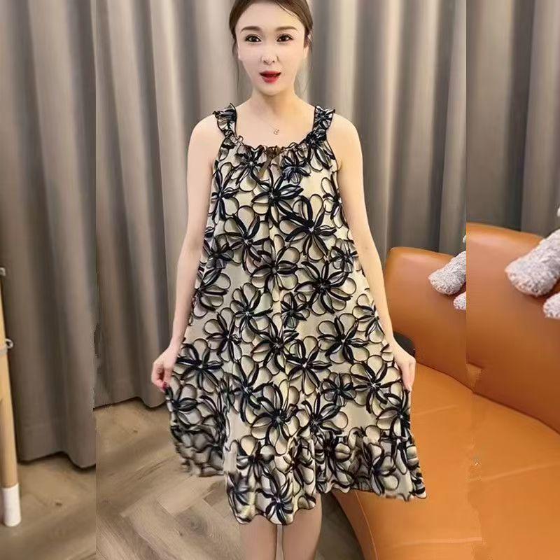 Women's Summer Ice Silk Mesh Sleeveless Nightgown with Suspender Straps