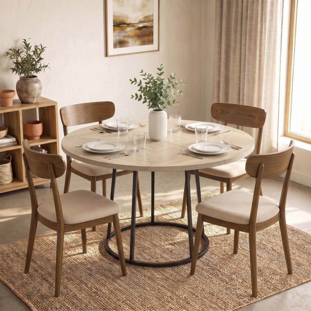 Round Dining Table for 4-6, 120 x 75 cm Diameter, Conical Metal Base, Natural Wood
