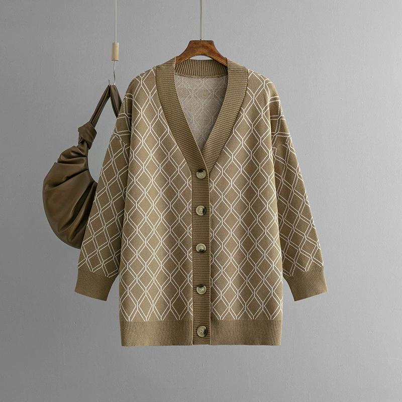 Autumn and Winter New V-neck Cardigan Sweater Cross-border Women's Casual Loose Diamond Grid Knit Sweater Jacket