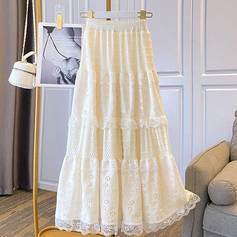 High-Waisted Fleece-Lined Lace Layered Slimming Midi Skirt