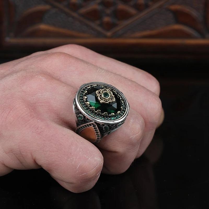 Vintage Hand Engraved Pattern Turkish Signet Ring For Men Fashion Set Green Stone Seal Islamic Muslim Jewelryes