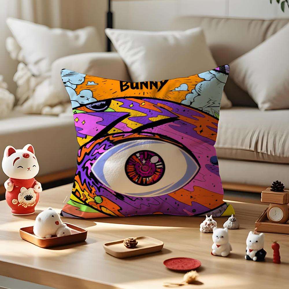 Hip Hop Rapper B-Bad B-Bunny Cushion Cover Silky Short Plush With Invisible Zipper Dustproof Sofa Pillow Cover For Home Decor