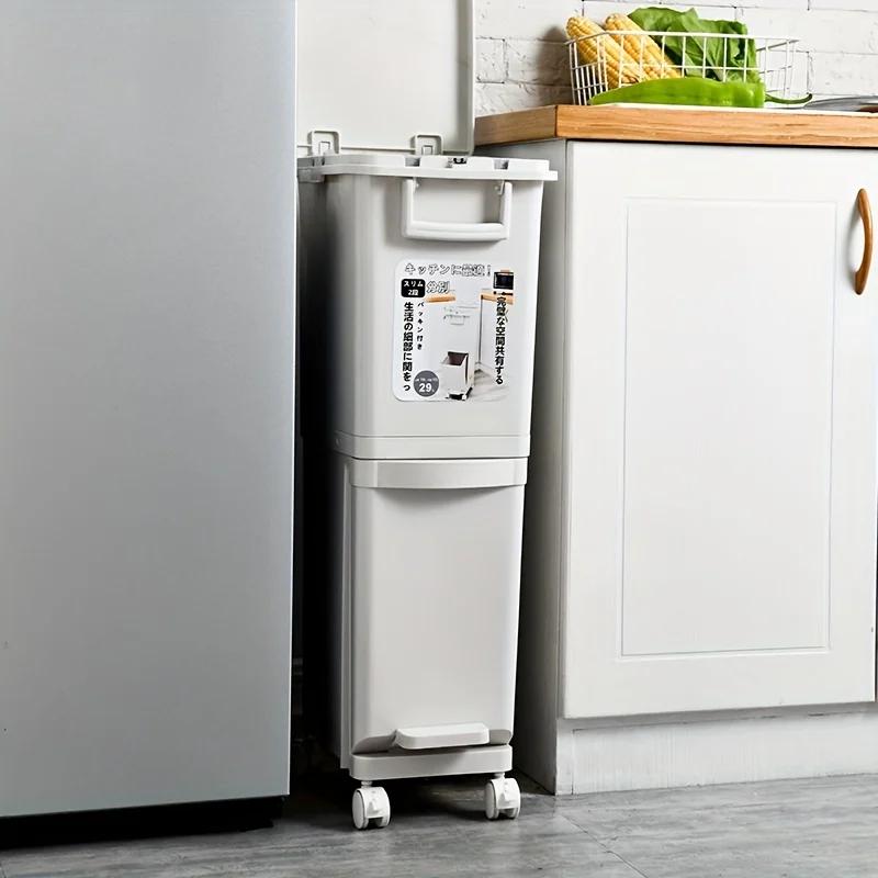 29L/32L Duży Kosz na Śmieci Dwuprzedziałowy Pedał Nożny Wytrzymały Plastikowy Pojemnik Separacja Suchych/Mokrych Bezpieczna Pokrywa Zarządzanie Odpadami Kuchennymi