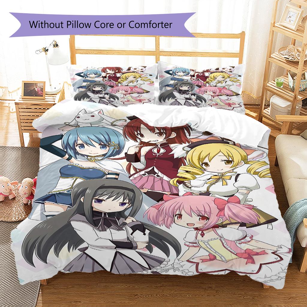 Puella Magi Madoka Magica Vzorované povlečení, Sada přikrývek Povlak na přikrývku Povlak na polštář Domácí dárek k narozeninám (1 * povlak na peřinu + 2 * povlak na polštář, bez jádra)