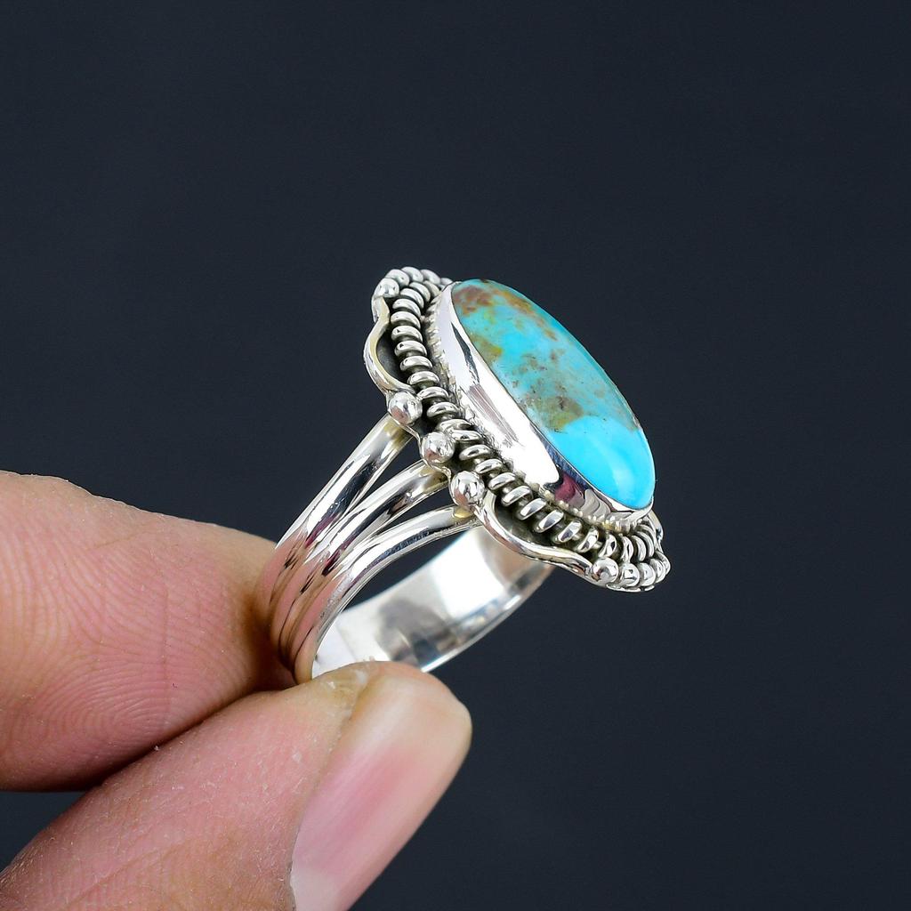 Natural Turquoise Gemstone 925 Sterling Silver Trio Shank Beaded Ring For Women & Girls