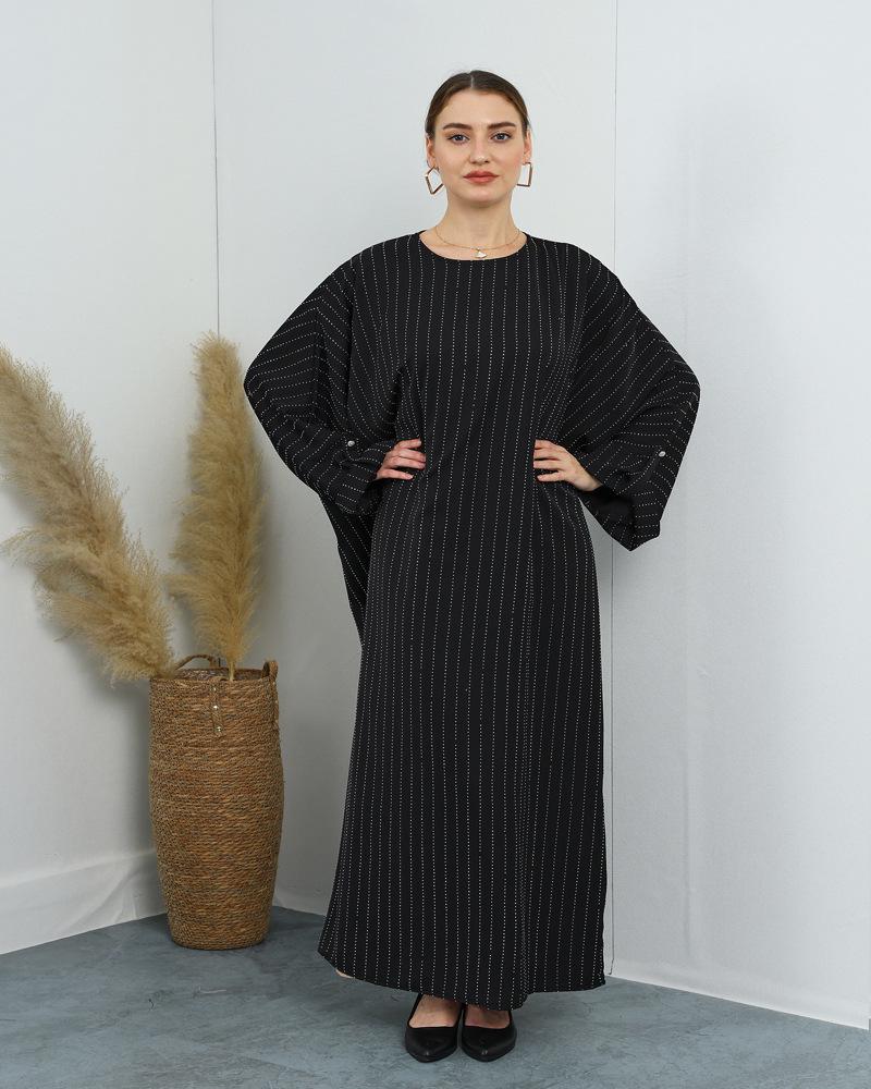 F479 Rhinestone Loose Long Dress with Striped Batwing Sleeves - Fashionable Women's Outerwear