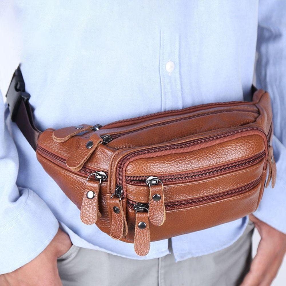 

Multi-layered Genuine Leather Fanny Bag Solid Color Men s Chest Pouch Outdoor Sports чорний