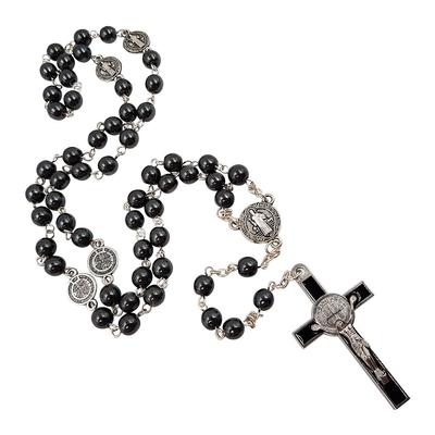 Catholic Rosary Necklace with Black Hematite Beads Benedict Medal Cross Gift Silver St. & Box, Zinc, Plated.