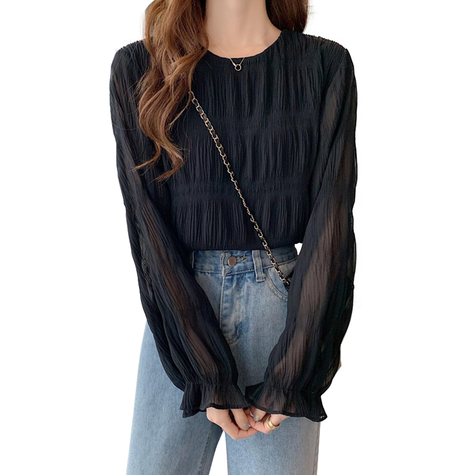 

[SYitong] Shirt Blouse, Gathered Shirring Long Sleeve Chiffon Blouse, Lined, Sheer Sleeves, Lightweight Look, Frilled Shirt, Slimming Effect, Figure-F