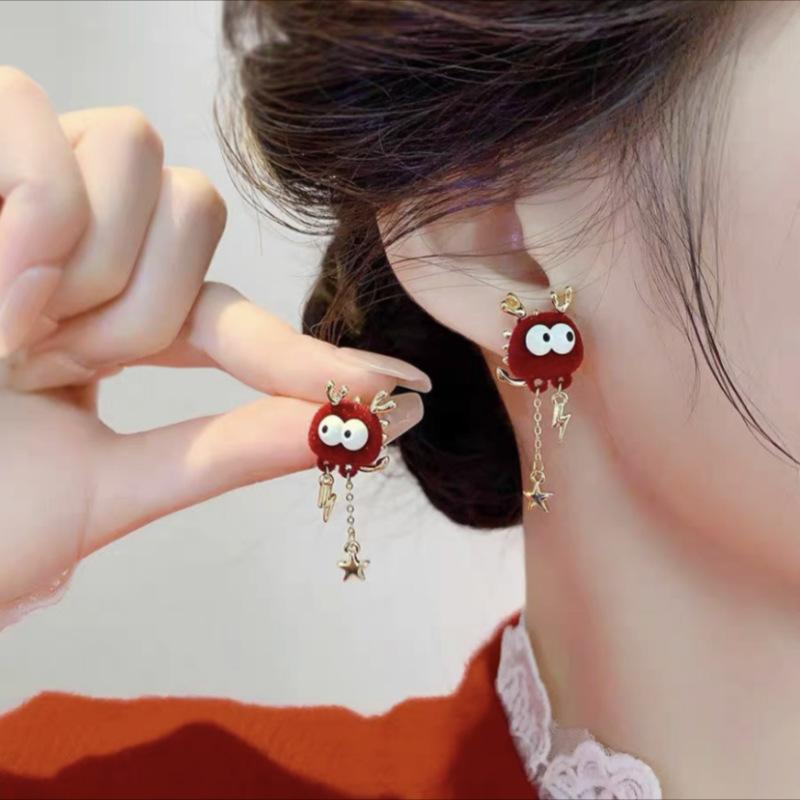 Fashion Atmospheric Red Velvet Bow Earrings Femininity Sweet Flower Long Fringed Versatile Earrings