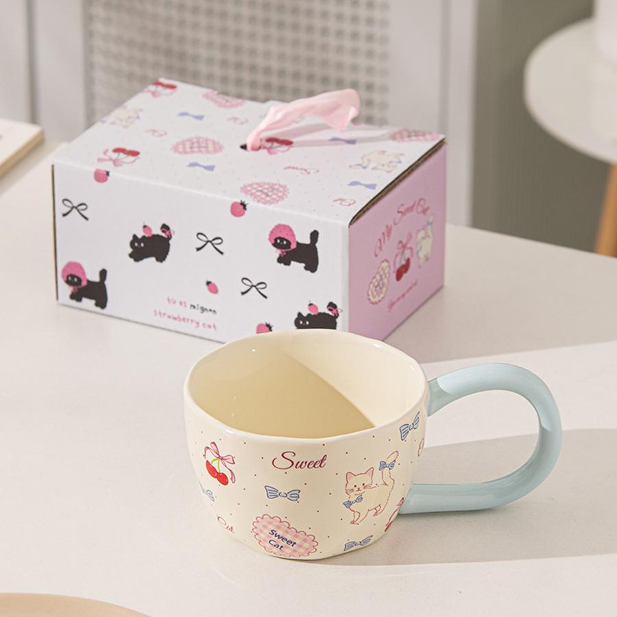Cat illustration mug, ceramic water cup with macaron-colored handle, 300ml 1pc