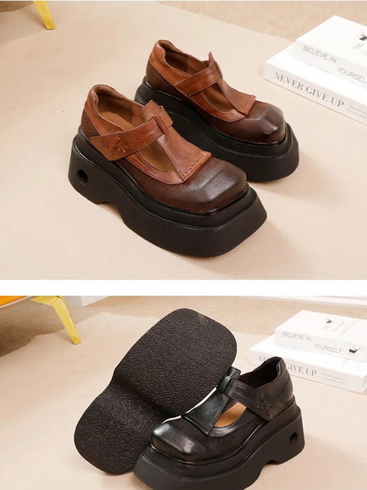 Johnature Vintage Pumps mit dicker Sohle und quadratischer Zehenpartie aus echtem Leder, Plateauschuhe für Damen