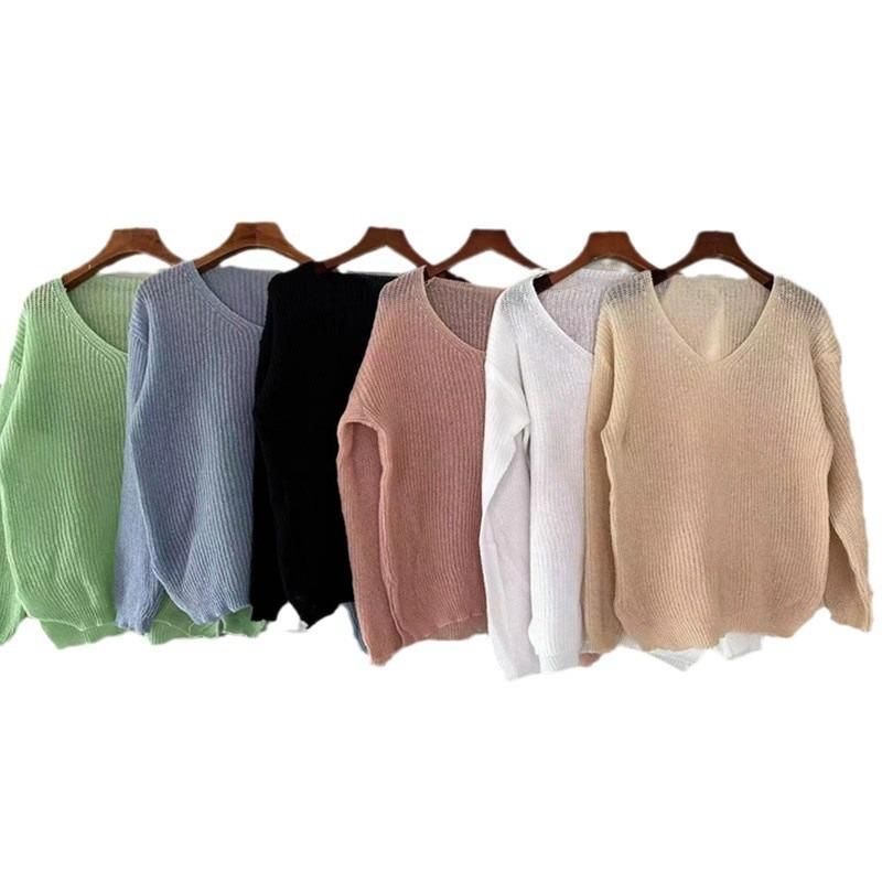 V-neck Fashion Loose Pullover Knitted Sweater Thin Sunscreen Blouse Women Long Sleeve Cover Up 2025 New Elegant Solid Knitwear Korean Solid Color Top