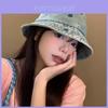 Summer Vintage Wash Denim Bowler Hat For Women With Embroidered Cartoon Design