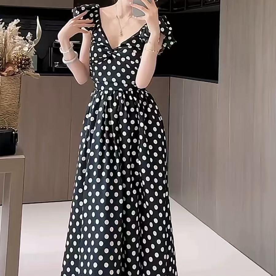 Korean Style Puff Sleeve Polka Dot A-Line Slit Dress - Summer 2026 Collection