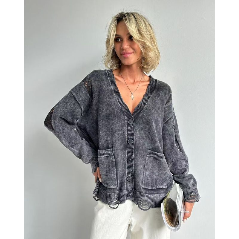 

Модный кардиган с потертостями и дырами, ретро-кардиган на пуговицах с карманом, вязаный свитер, поношенный вязаный свитер Grey M