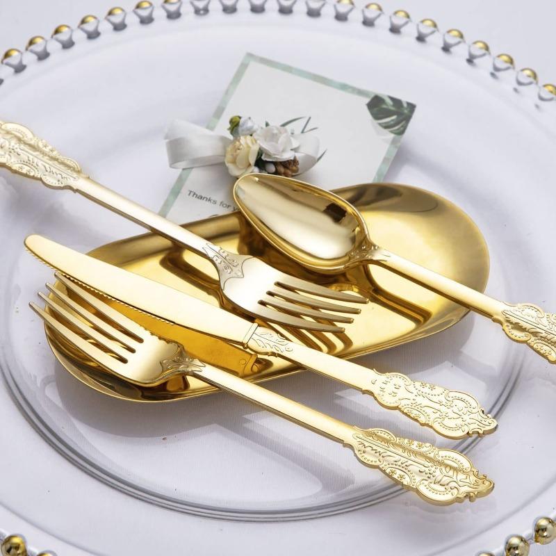 Set di posate in plastica vintage goffrate dorate da 90 pezzi, coltello, forchetta, cucchiaio a doppio uso, posate usa e getta per feste