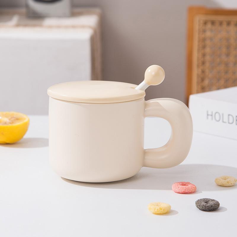 Simple Milk Fufu Ceramic Mug Big Handle with Lid Mixing Stick Coffee Cup Men and Women Breakfast Buffalo Milk Cup