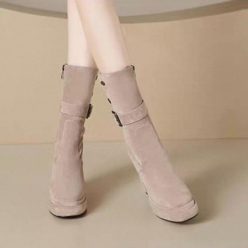 Fashion Super High Platform Round Toe Block Heel Platform Apricot Stretch Mid-leg Boots for Women