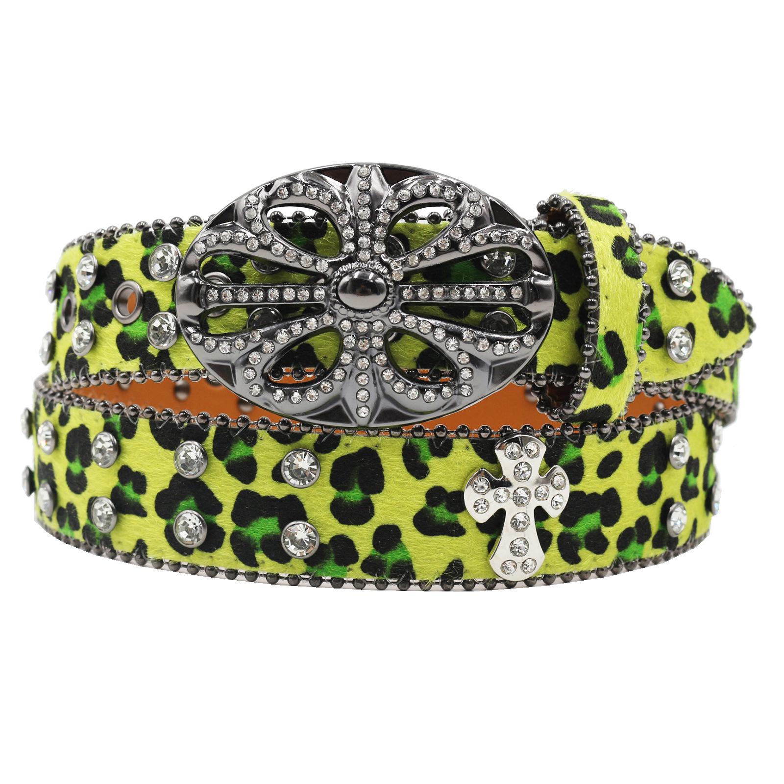 Global Finds Y2K Retro Luipaardprint Strass Lederen Riem - Millennial Stijl Jeans Accessoire 115cm