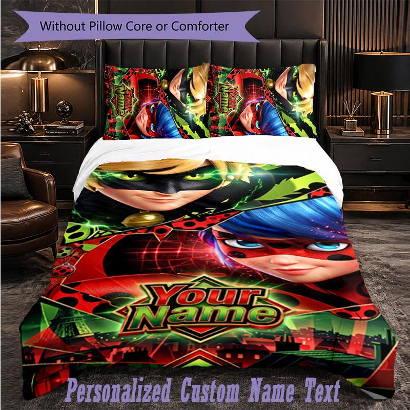 Personalized 3Pcs Bedding SetMiraculous Ladybug Custom Text Duvet Cover Pillowcase Set Bedroom Gift