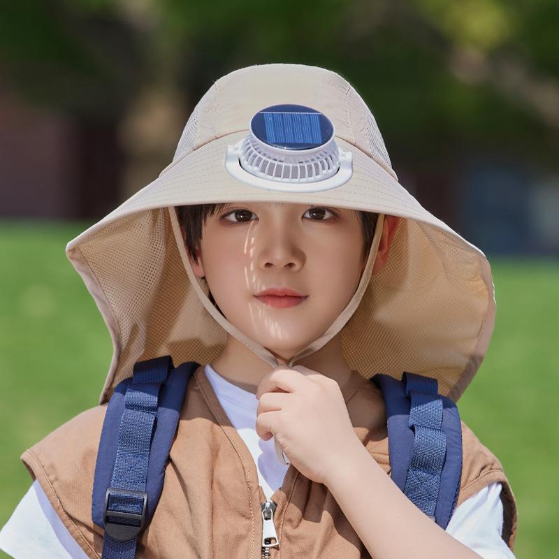 Solar fan hat summer boys and girls sunshade sunscreen hat outdoor outing big brim shawl neck protector bucket hat