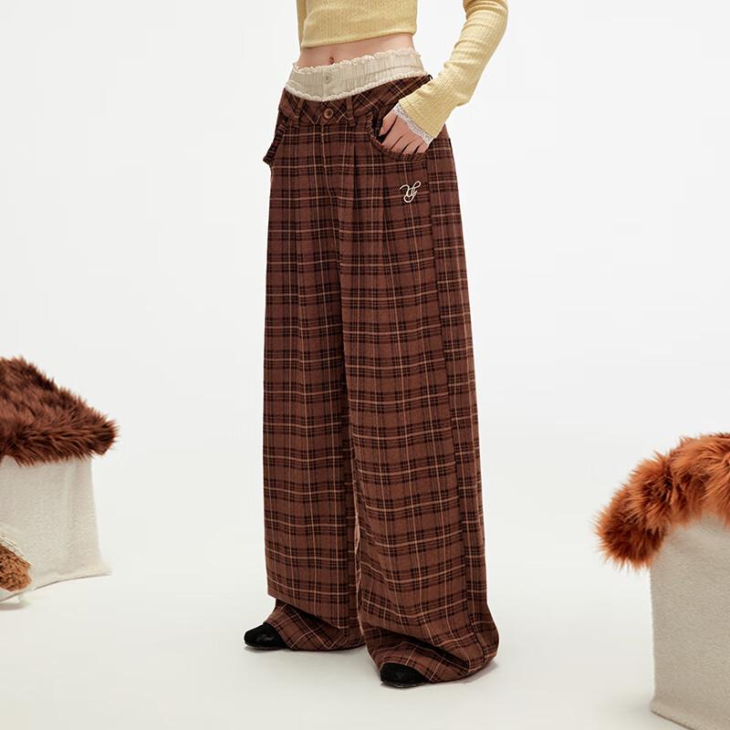 unifree Brushed Plaid Faux Two-Piece Straight-Leg Trousers