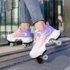 35-44 Boys/ Mens Skate Shoes Walking Shoes  Four-wheeled Roller Skates for Women One-button Retractable Adult Double-row Deformation Shoes