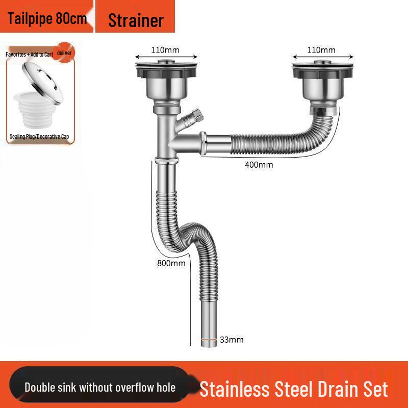 Stainless Steel Kitchen Sink Drain Pipe Set with Anti-Odor Features for Single or Double Sinks and Dishwasher Integration