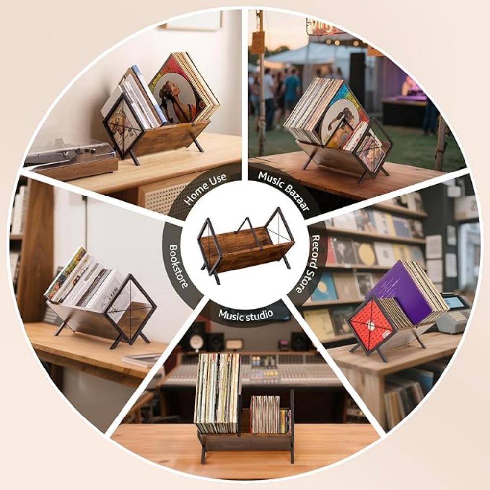 Ironwood Black Vinyl Record, CD, and Book Rack - Iron/Wood Combo Storage Shelf