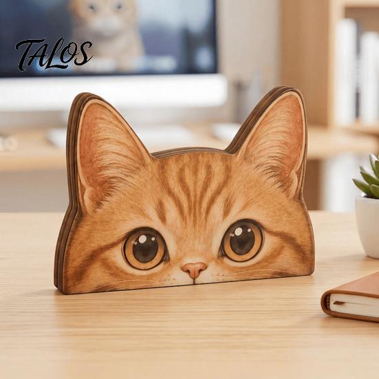 Charming Cat Statues for Room Peeking Orange Wooden Figurine, Cute Head Decoration, Handmade Gifts Lovers Natural Wood Tabletop Ornament, Gift