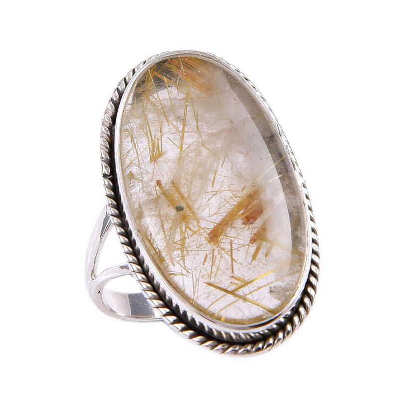 Natural Golden Rutile Gemstone 925 Solid Sterling Silver Jewelry Ring S.8 P2w97