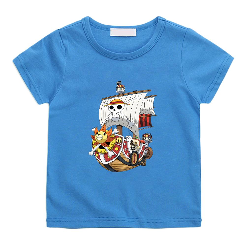 One Piece Pirate Ship Cartoon Print T-Shirt 2026 Summer New Popular Anime Printed American Casual Children Short Sleeved High Quality Cotton Boy Top