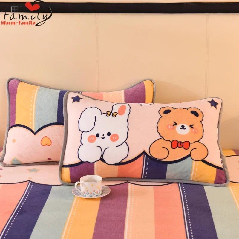 Winter Warm Thicken Flannel Elastic Fitted Sheet Mattress Protector Cover Cartoon Print Plush Soft Cozy Bed Sheet Home Decor
