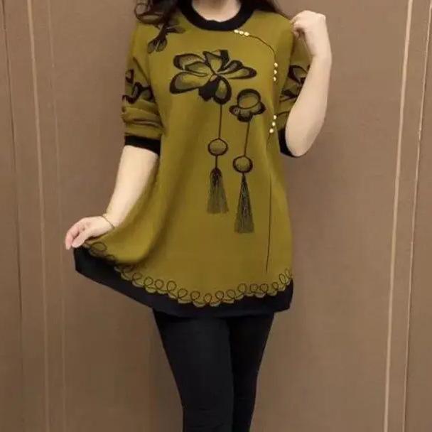 Stylish Floral Knitted Sweater for Middle-Aged & Elderly Women - Perfect for Spring & Autumn