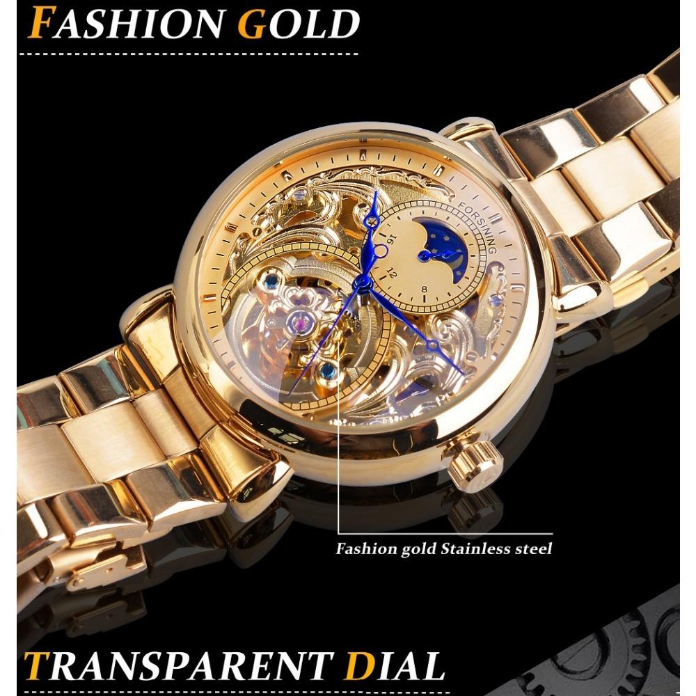 Forsining Herrenmode Freizeit Geschnitzte Hohle Mondphase Stahlgürtel Mechanische Uhr Automatische Mechanische Uhr S1125-5-A