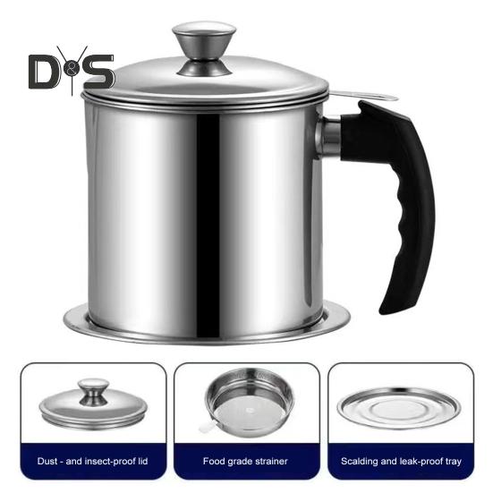 1.4/1.9 L Stainless Steel Bacon Grease Saver Container with Fine Mesh Strainer Non-slip Bottom And Airtight Lid Cooking Oil Keeper Pot for Kitchen