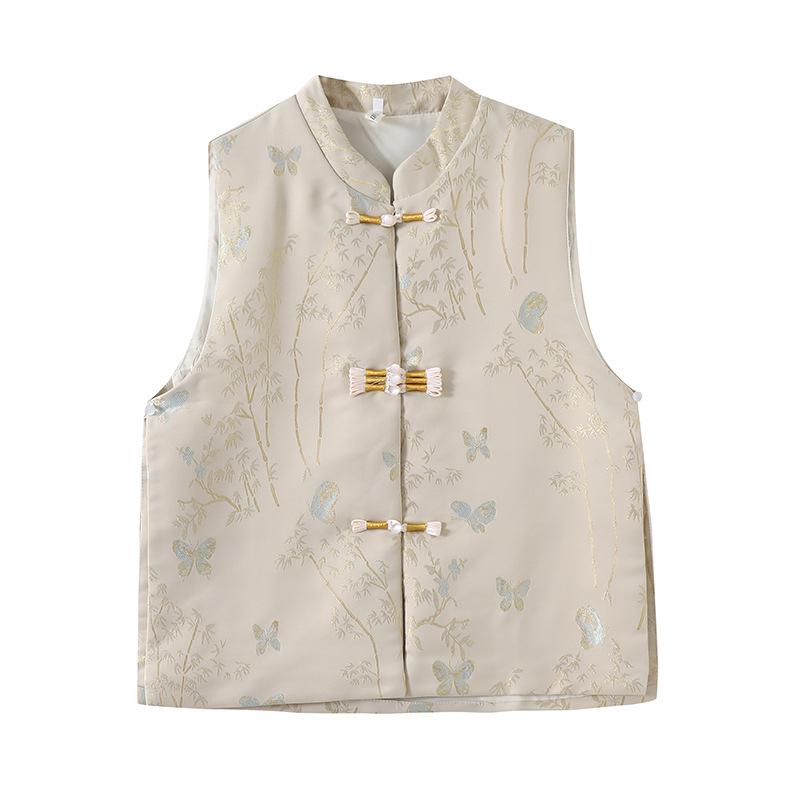 

2025 весна новый тренд атласный жаккардовый жилет с пряжкой из бусин модный темпераментный жилет женские модели XXXL [Recommended 138-75kg]