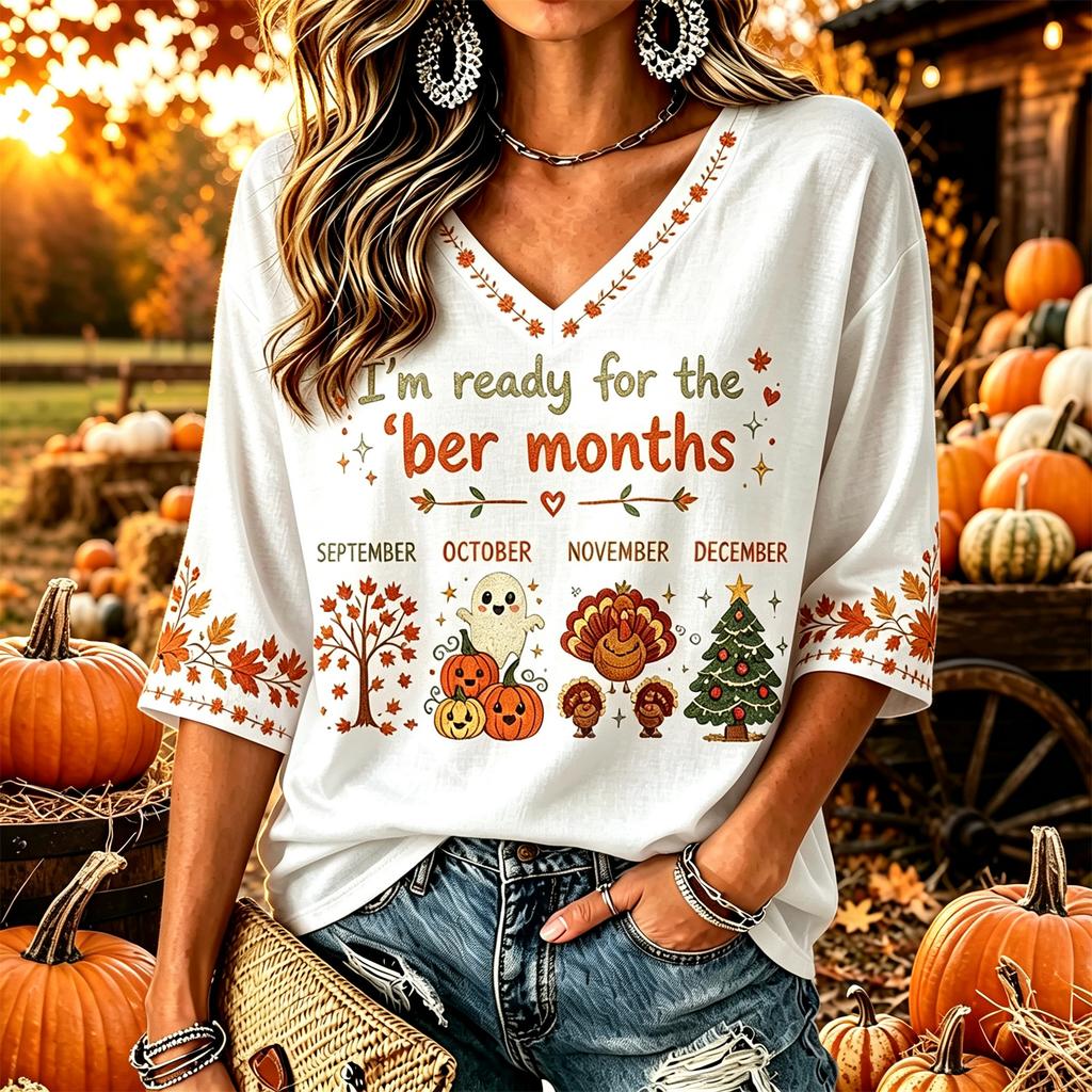 Women's Casual Thanksgiving Print V-Neck Pullover Top for Fall Holiday Everyday Wear