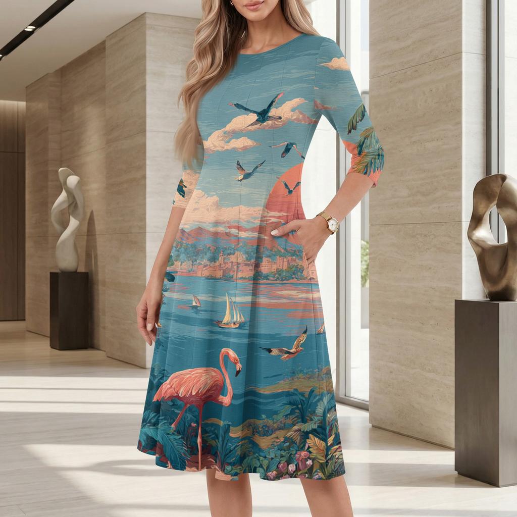 Women Casual Fashion Round Neck Mid Length Dress Hawaiian Print Three Quarter Sleeve Relaxed Fit Summer Dress