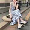 Summer New High Waist and Thin Square Neck Suspender Skirt Design Sense Niche Sleeveless Plaid Dress Women