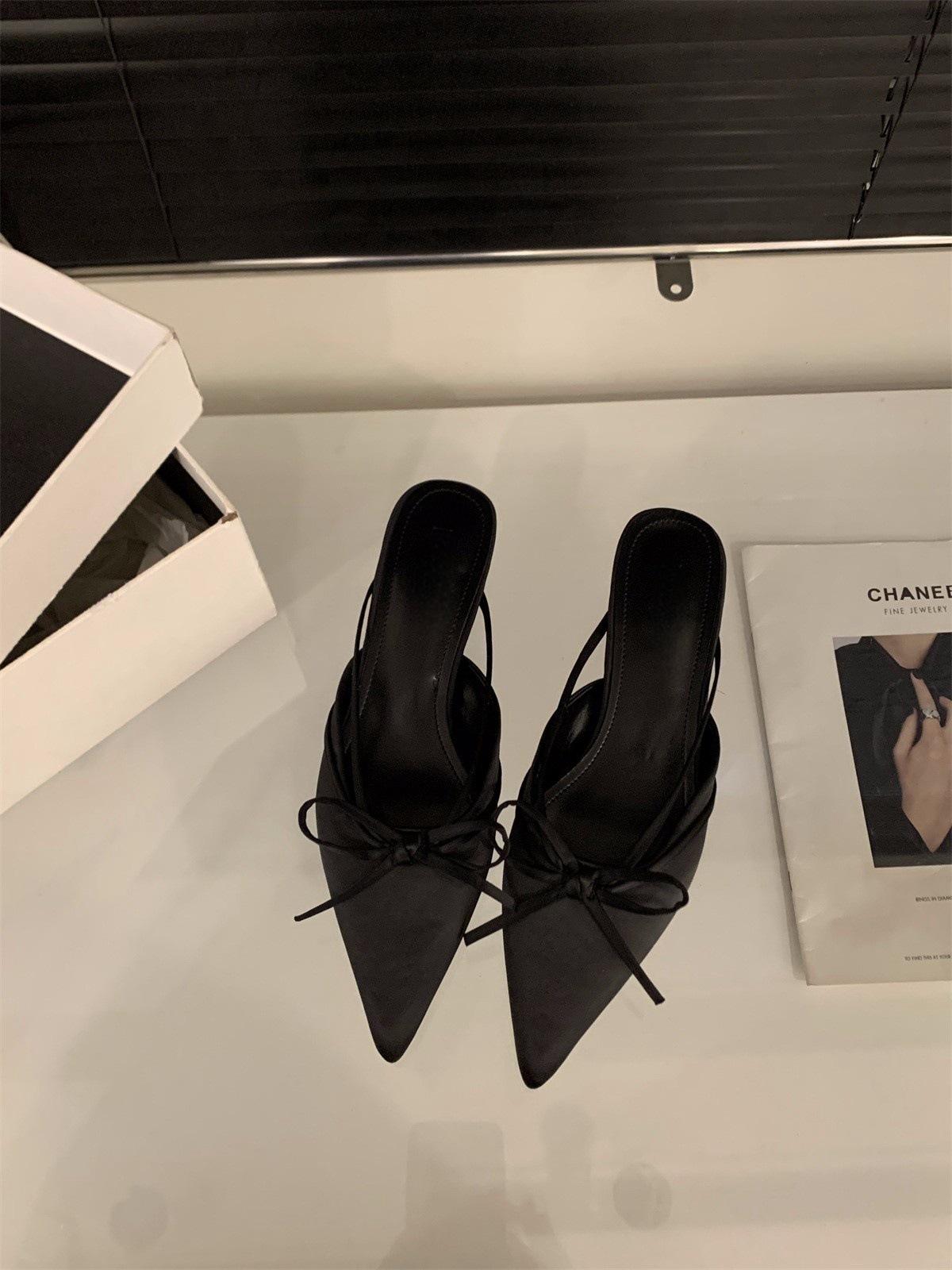 

Coarse heel bow bag head half slippers shoes spring and summer satin temperament half support single shoes 35 чорний