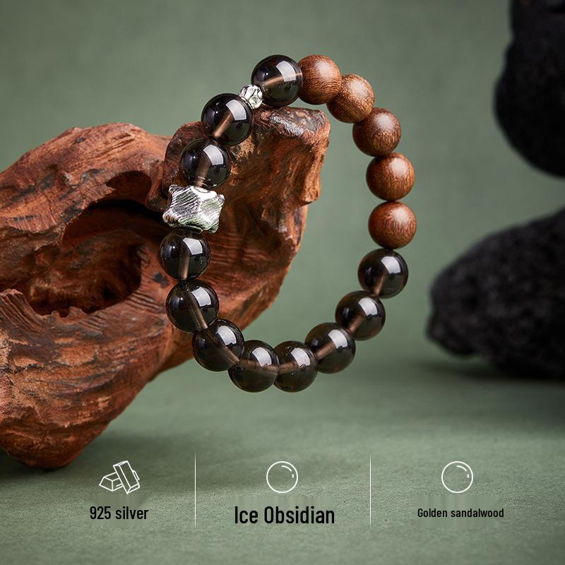 Men's Vintage S925 Sterling Silver Gold Sandalwood Icy Obsidian Bracelet - High-End Gift for Boyfriend