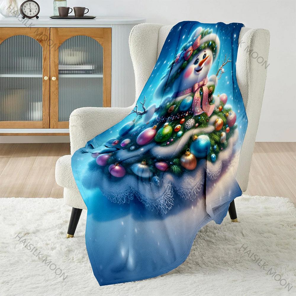 Festive Snowman with Ornaments Pattern Blanket Flannel Material Soft Warm for All Seasons,For Home Outdoor Camping Picnics RV