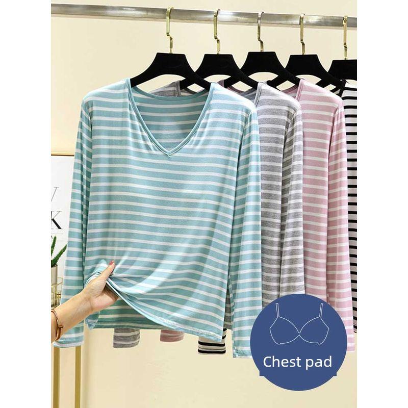 Plus size Modal Chest Pad T-shirt Spring and Autumn Versatile Stripe Bottoming Shirt V-neck Thin Bra-Free Home Wear Top