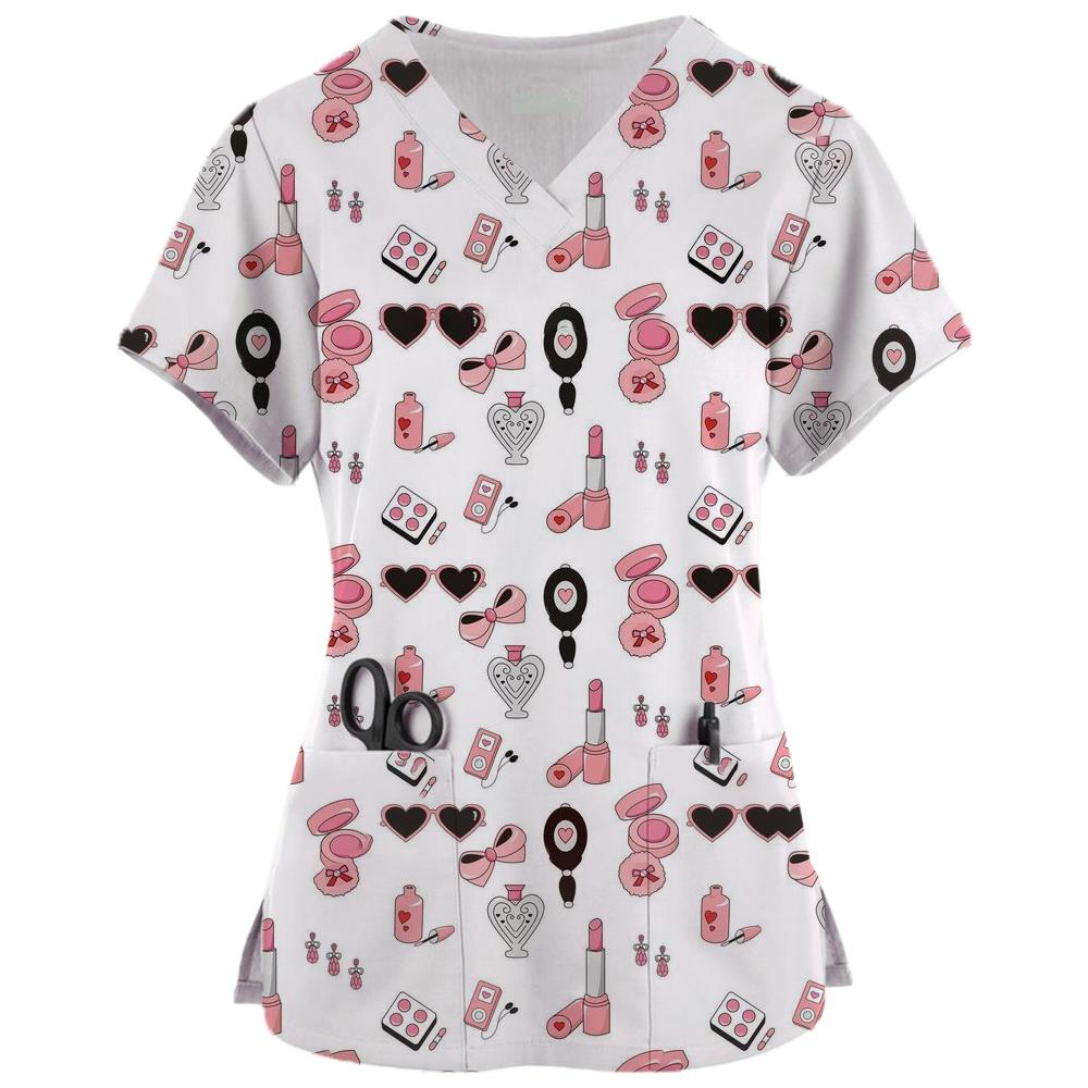 

Print Scrubs Top Women with Pockets V-Neck Scrub Uniforms Pet Grooming Nurse Spa Caring Shirt Uniformes De Enfermería Para Mujer 5XL
