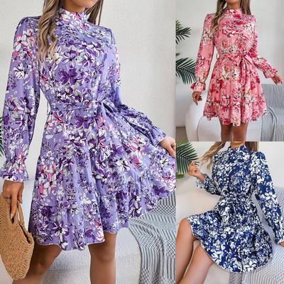 Vestido elegante de otoño/invierno para mujer con cuello alto, flores en la cintura, manga larga y volantes, corte A